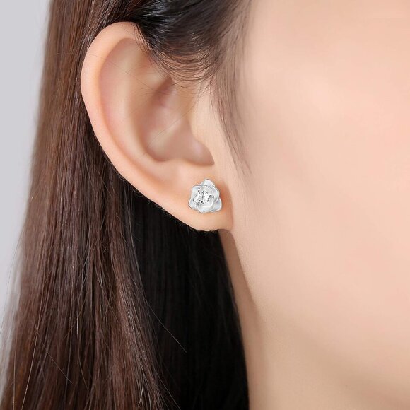 14K Gold Plated Sterling Silver Rose Flower Stud Earrings with Cubic Zirconia fo - Picture 3 of 5